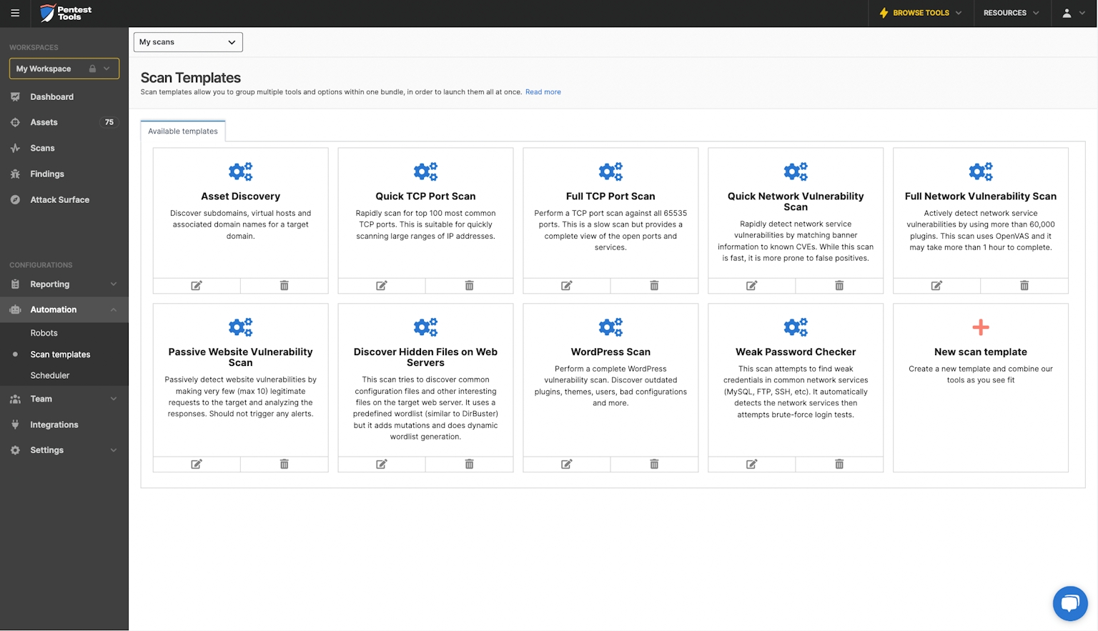 A screenshot from scan templates dashboard page of Pentest-Tools.com