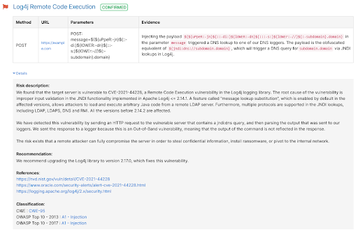 Log4j website scanner result pentest-tools.com