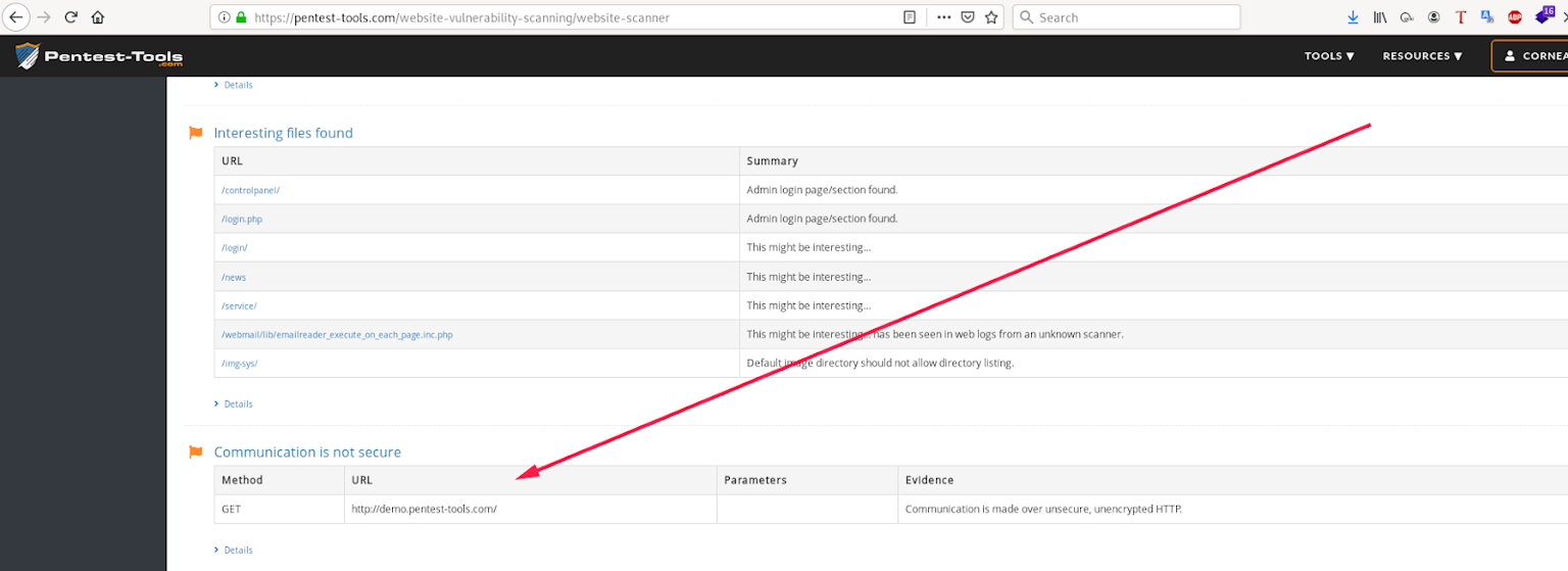 Website Vulnerability Scanner results